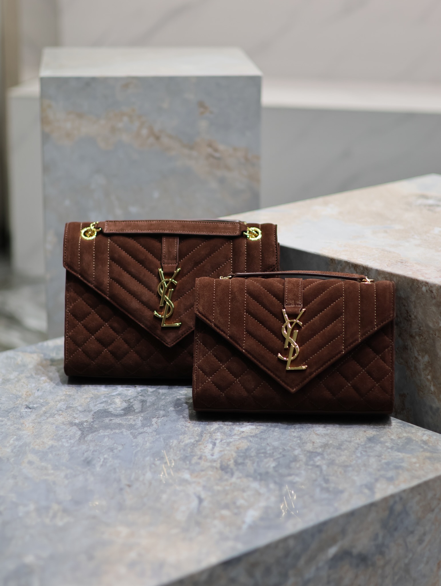 TOP Yves Saint Laurent YSL Envelope Chain Wallet Grain Leather - 2 Sizes - Reddish Brown - GHW