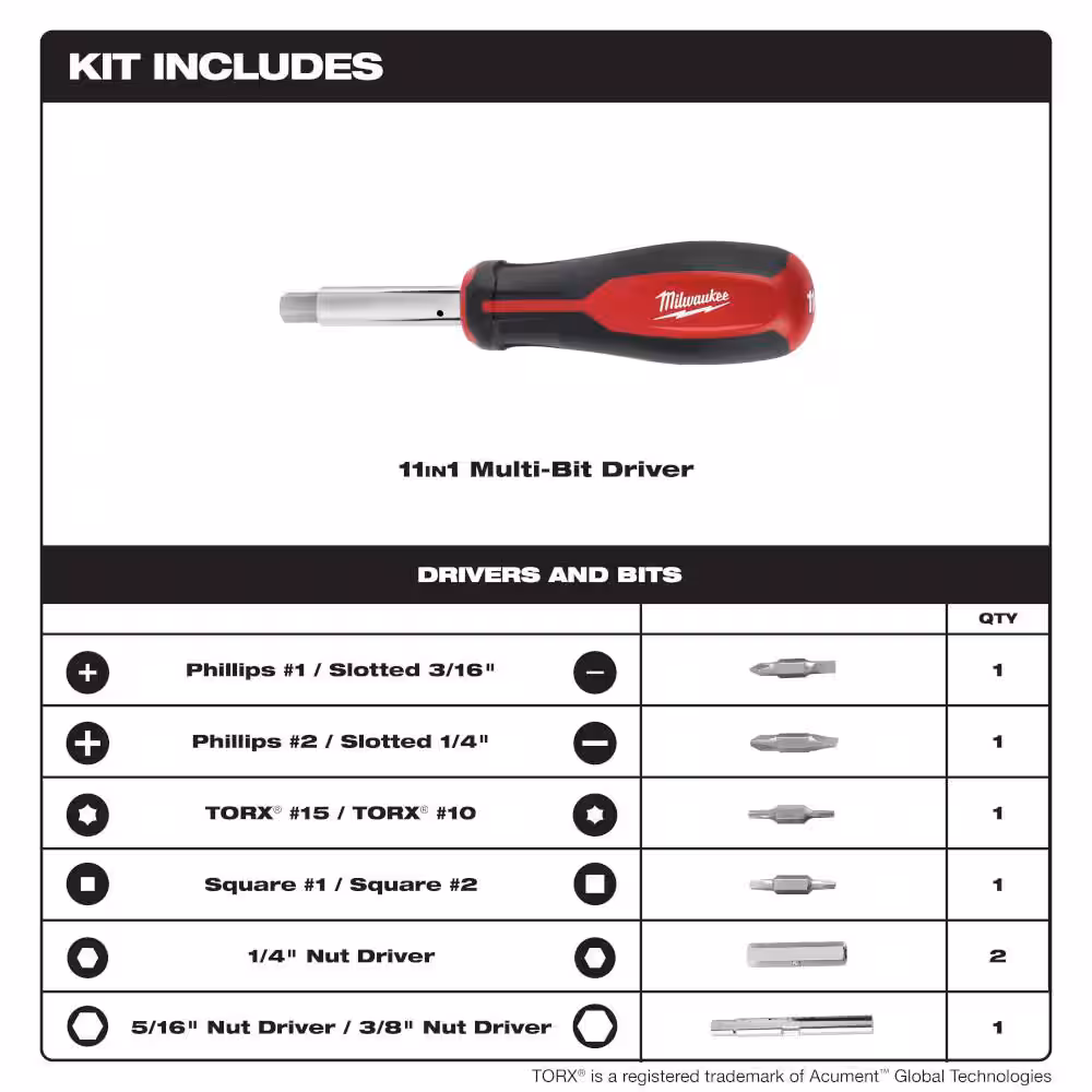 11-in-1 Multi-Tip Combination Screwdriver with Square Drive Bits