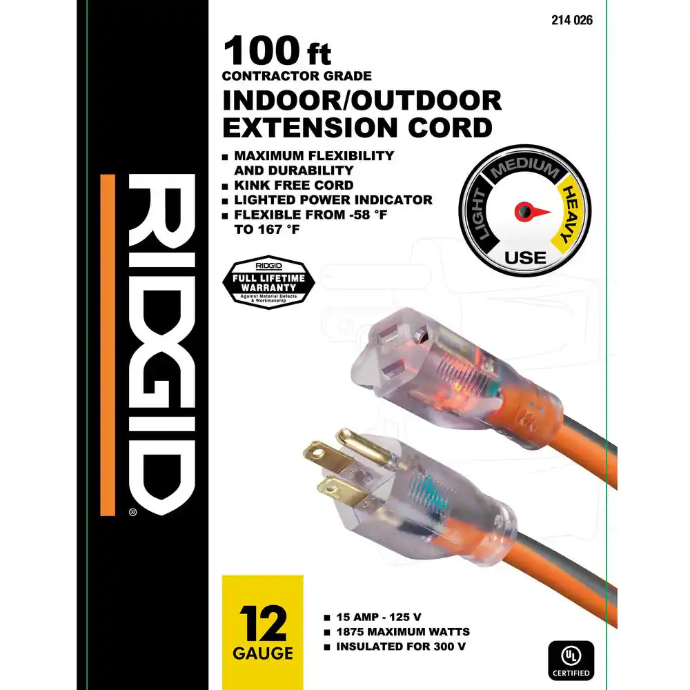 100 ft. 12/3 Heavy Duty Indoor/Outdoor Extension Cord with Lighted End, Orange/Grey