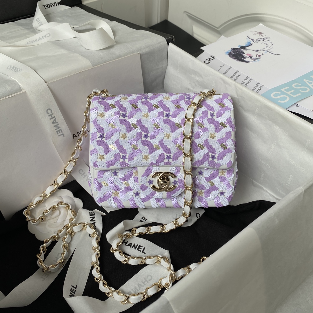 TOP CHANEL Flap Bag  Logo Sequin Bag 17cm