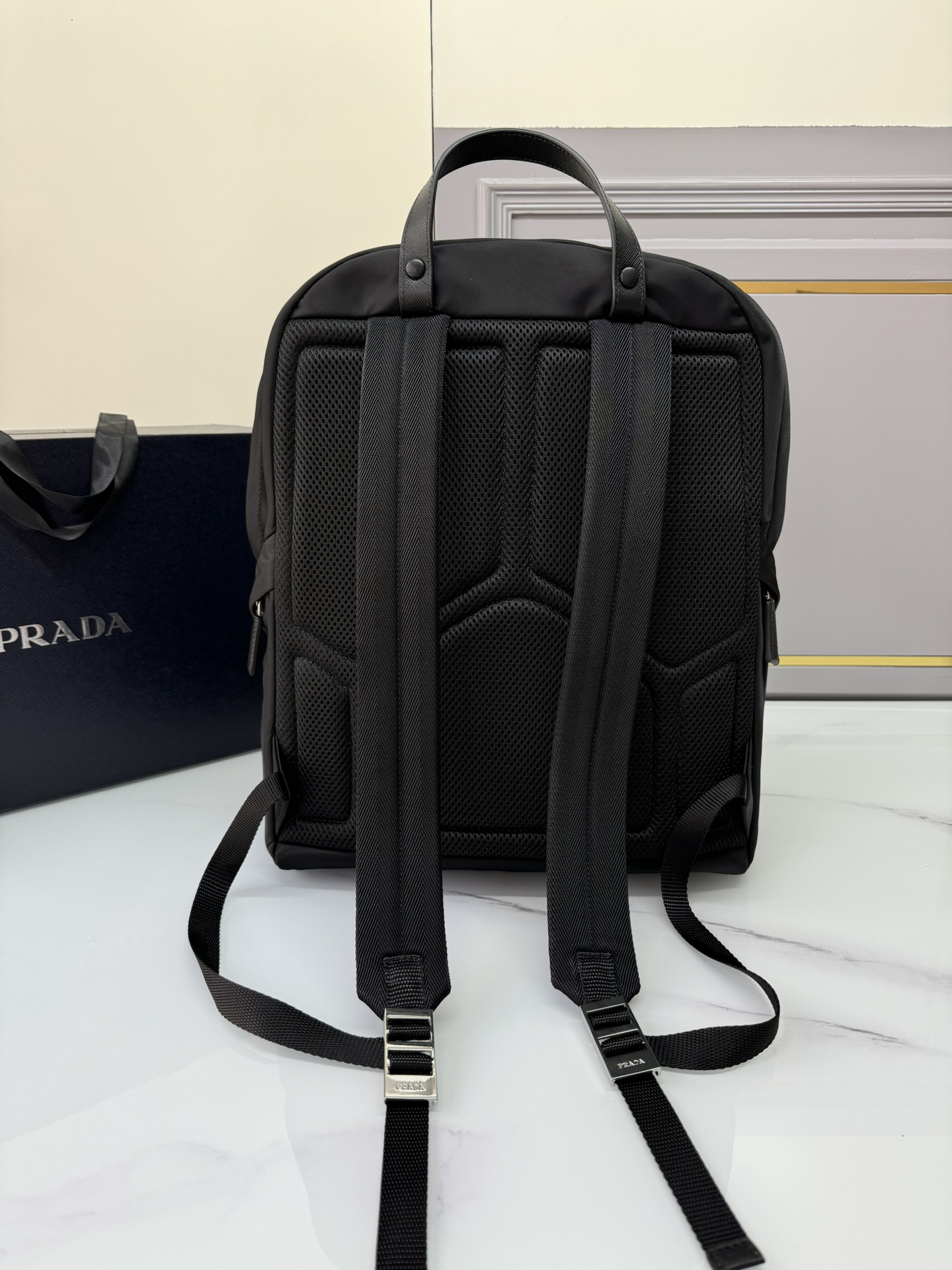 TOP PRADA Nylon and Saffiano Leather Backpack 30×39×15cm - Black