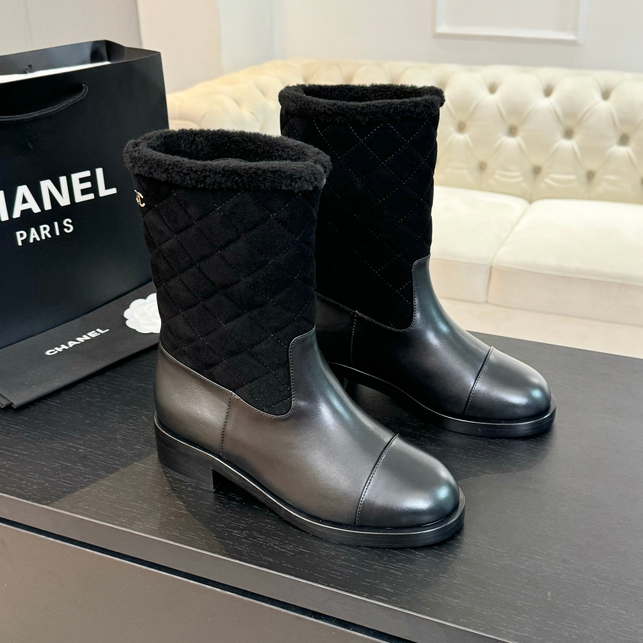 TOP CHANEL 5.5cm Mid Heel Patchwork Chunky Heel Boots - 4 Color