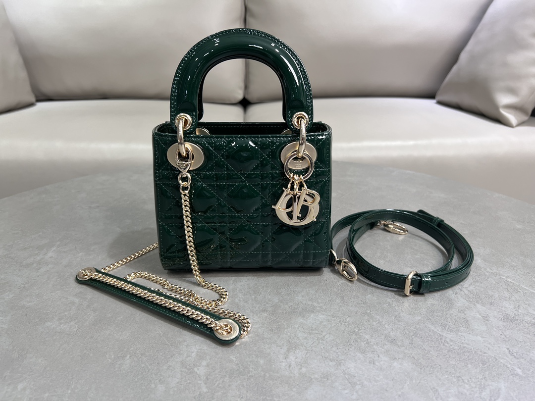 TOP Christian Dior Lady Patent Leather Bag 17*7*15cm /20x17x8cm- Dark Green&GHW