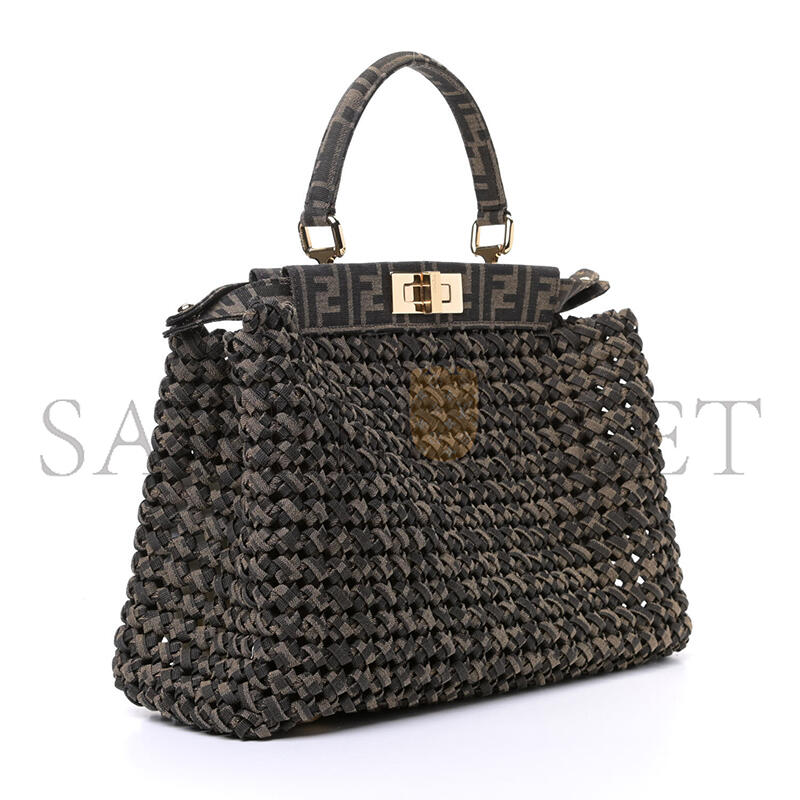 FENDI FABRIC JACQUARD FF 1974 WOVEN KNOTTED MEDIUM PEEKABOO ICONIC SATCHEL TOBACCO MORO (34*25*13cm)