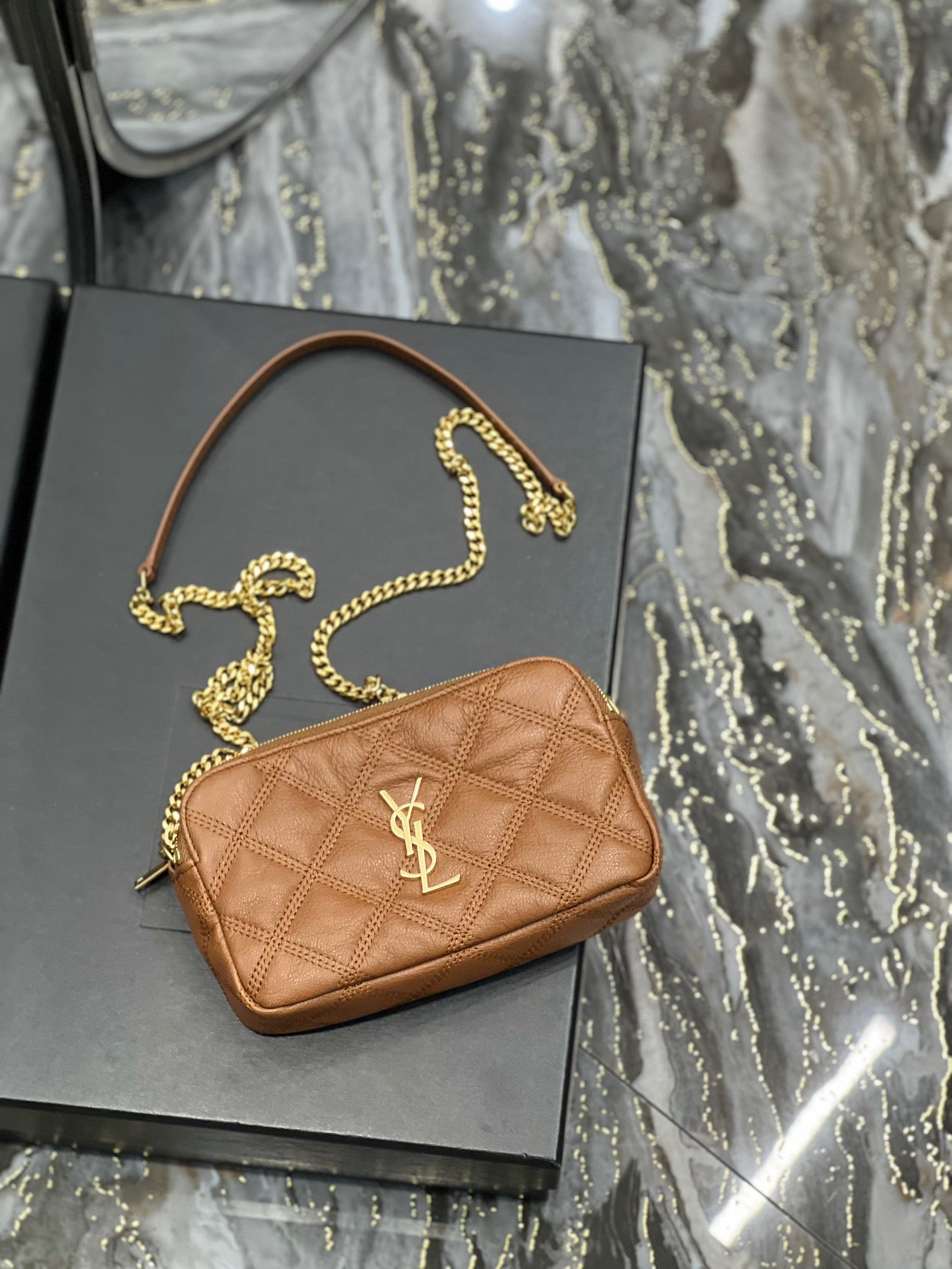 TOP Yves Saint Laurent YSL Beckly Double Zip Pouch Bag - Brown