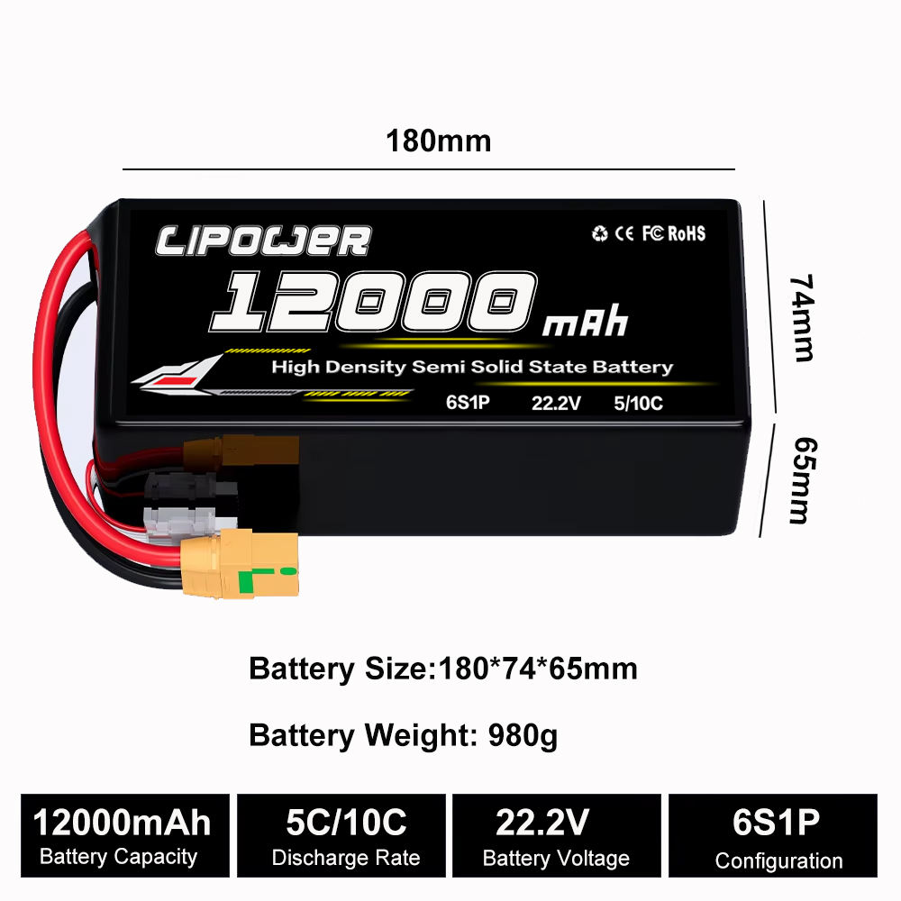 lithium polymer  5/10C 6s 12000mAh rechargeable solid-state FPV drone - lipowbattery