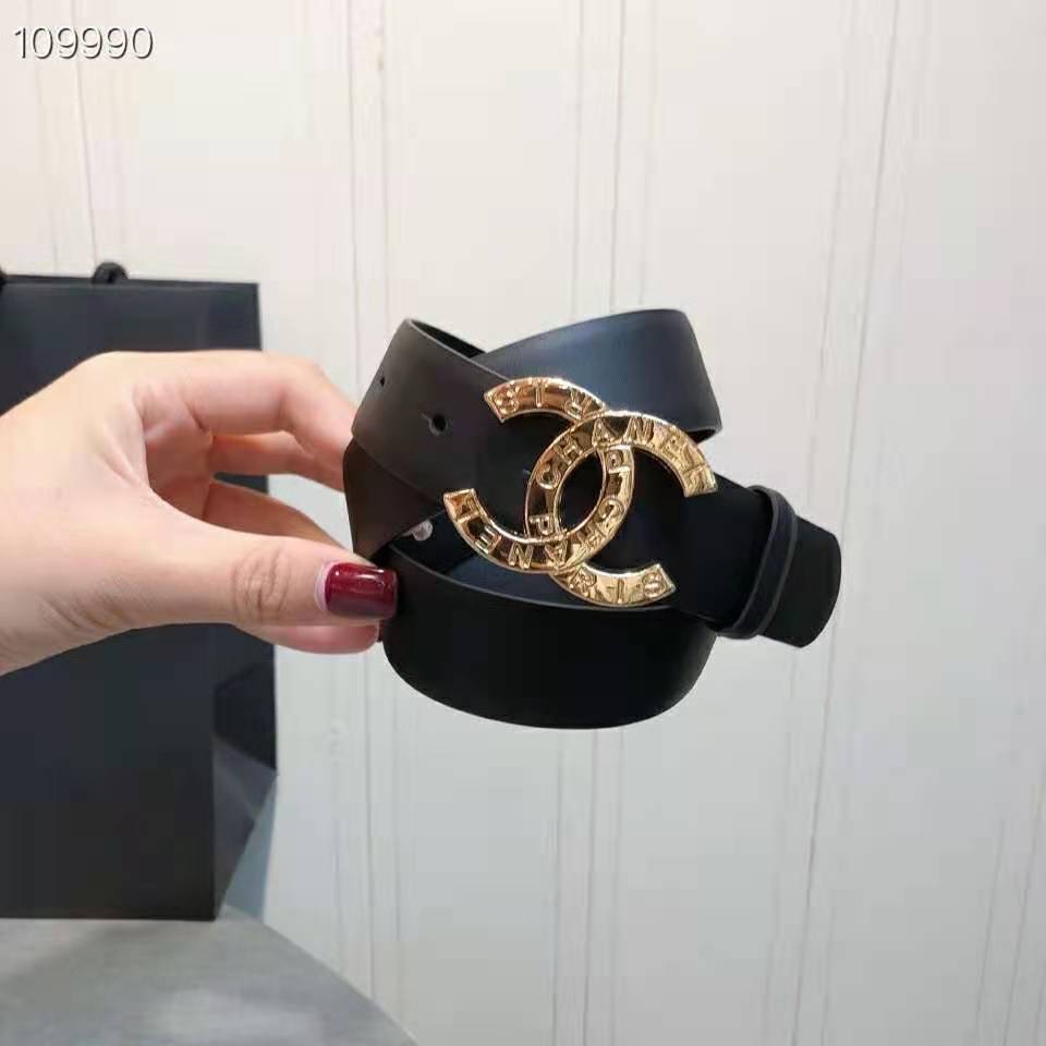 TOP CHANEL Metal Logo Belt - Black & GHW
