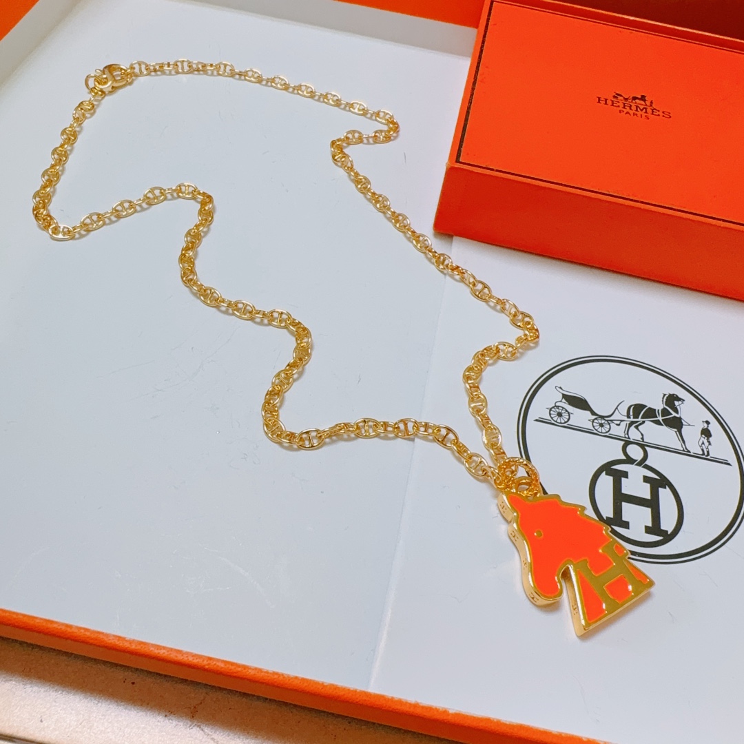 TOP HERMES Horse Long Necklace-Gold