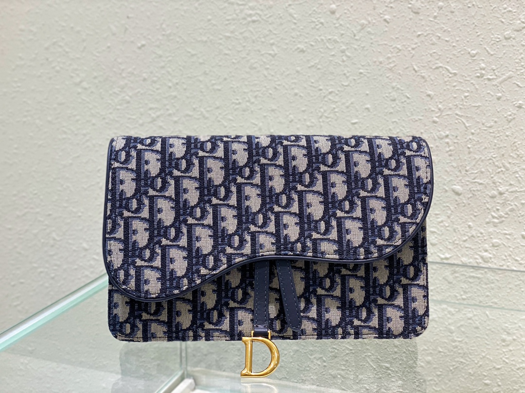TOP Christian Dior SADDLE BELT POUCH Blue Christian Dior Oblique Jacquard 22 x 14.5 x 3.5cm