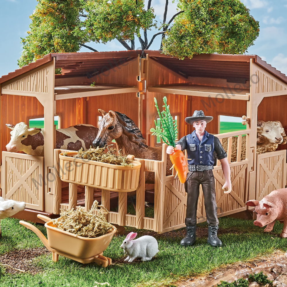 Molleco Animal Figure Toy Set for Kids and Children ST079 12 Animals + Farmer + Feeding Shed + Props