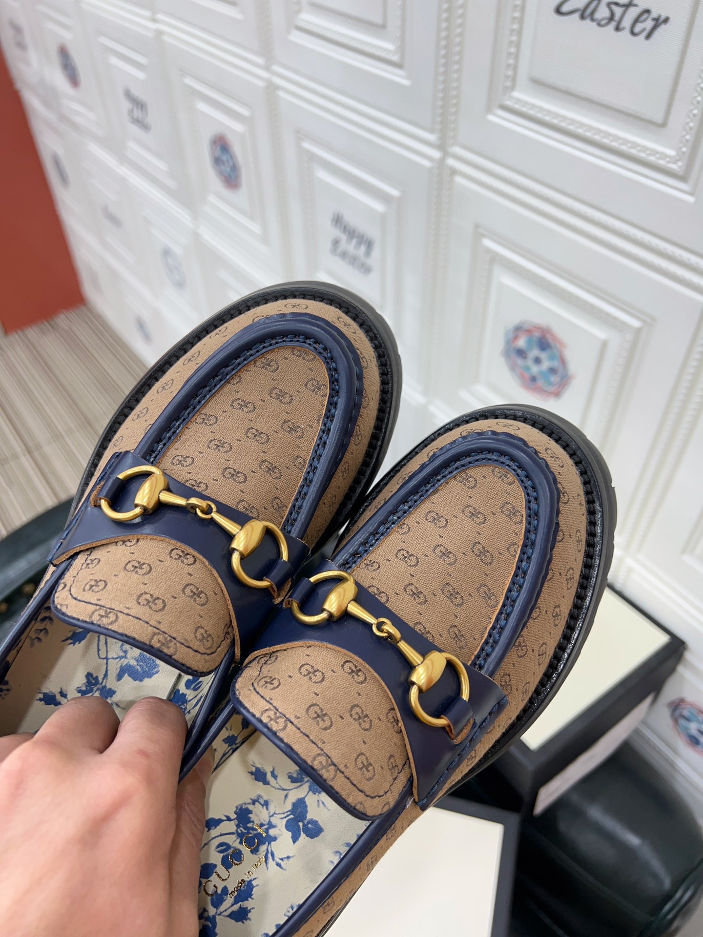 Gucci Horsebit Chunky Lug‑Sole Loafers, GG Canvas With Navy Leather Trim, Heel Golden Bee Embroidery Shoes