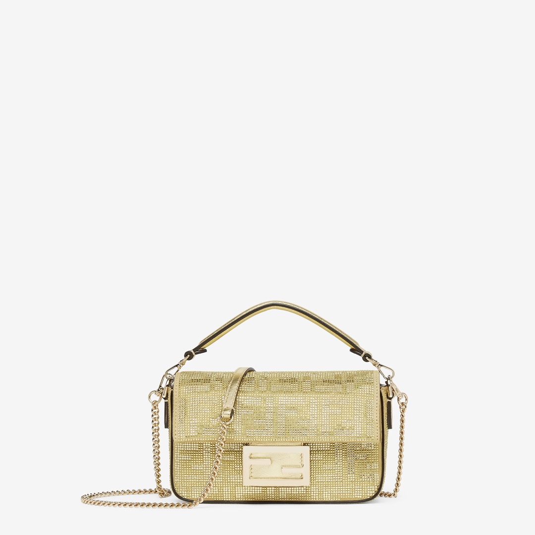 TOP FENDI Full Diamond Mini Baguette Bag 18×4×11cm - Gold