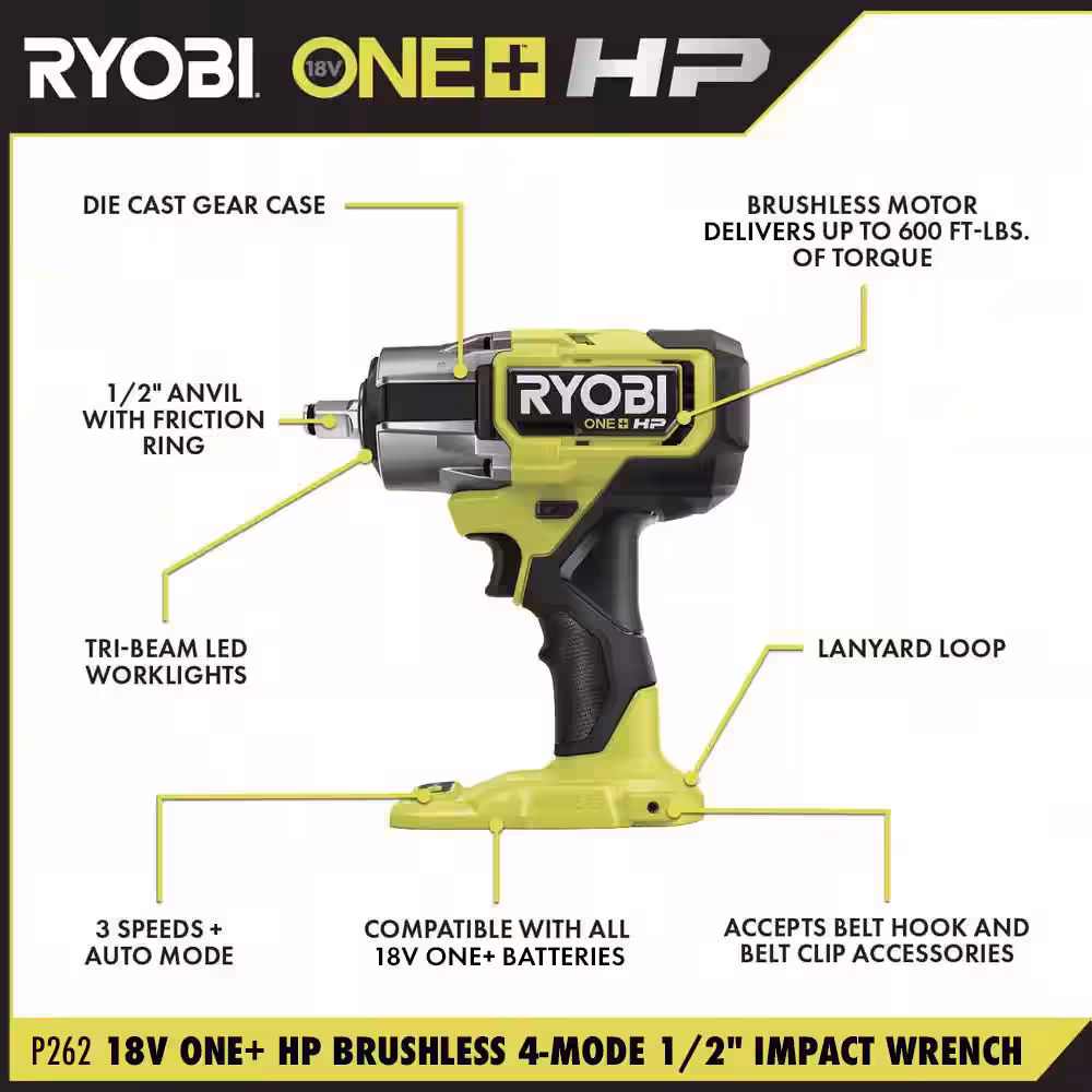 ONE+ HP 18V Brushless Cordless 4-Mode 1/2 in. Impact Wrench (Tool Only)
