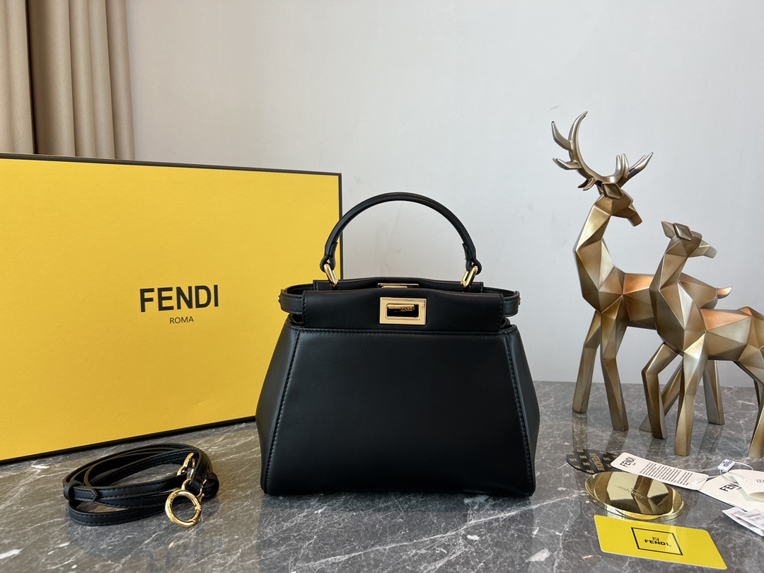 TOP FENDI Lambskin Iconic Mini Peekaboo Bag 23cm - Black&GHW