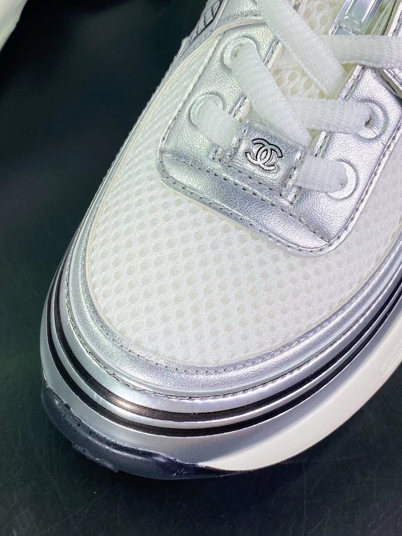 Chanel Women Silver Mesh Metallic Leather Dad Sneakers Lace‑Up Running Trainers Shoes