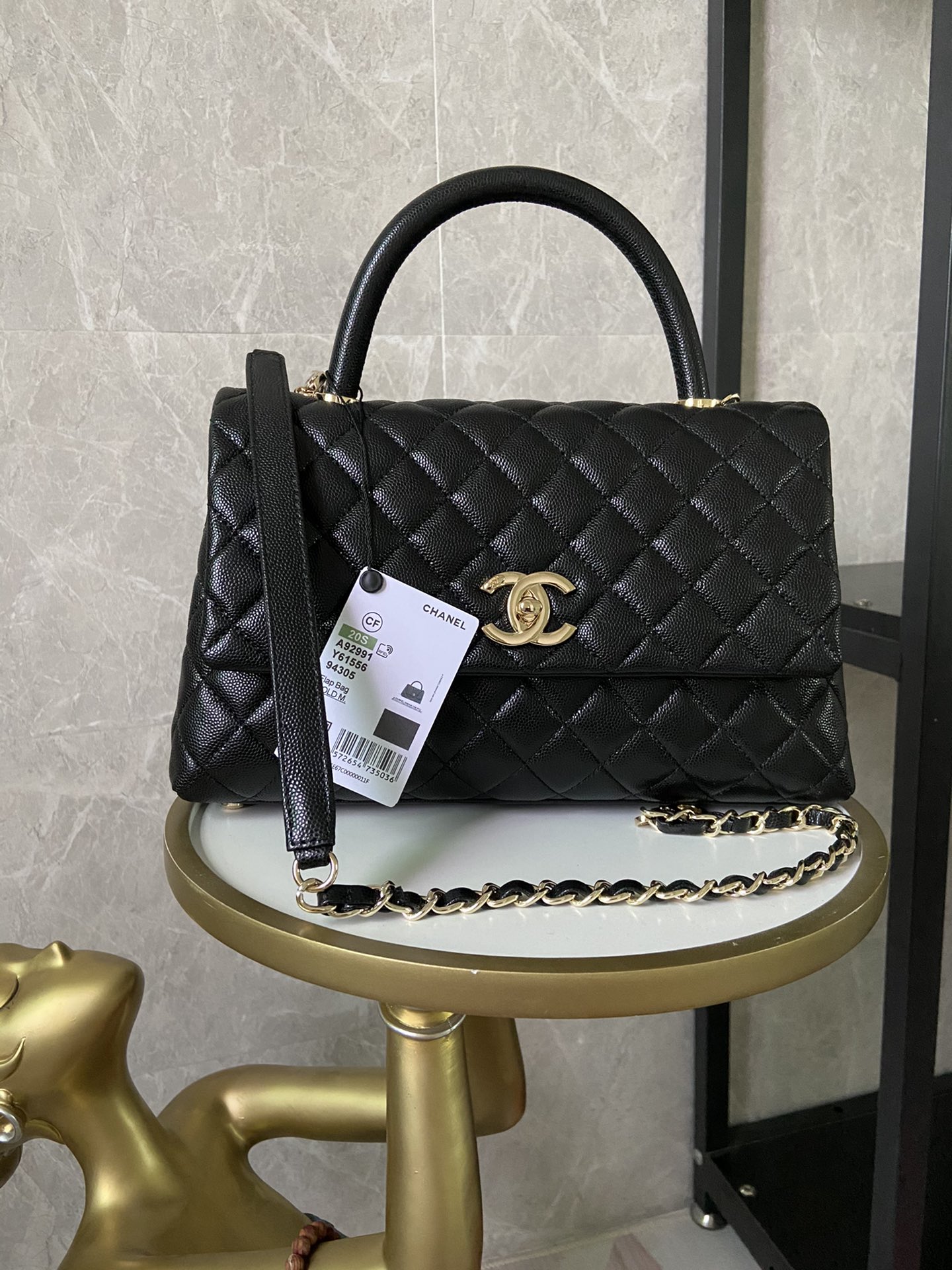 TOP CHANEL Particle Embossed Calfskin CoCo Handle Bags 18x29X12CM - Black - GHW