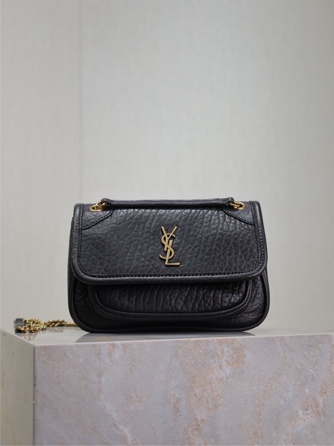 TOP Yves Saint Laurent YSL Elephant Texture Niki Bag Lambskin 18x12.5x5cm - Black&SHW/GHW