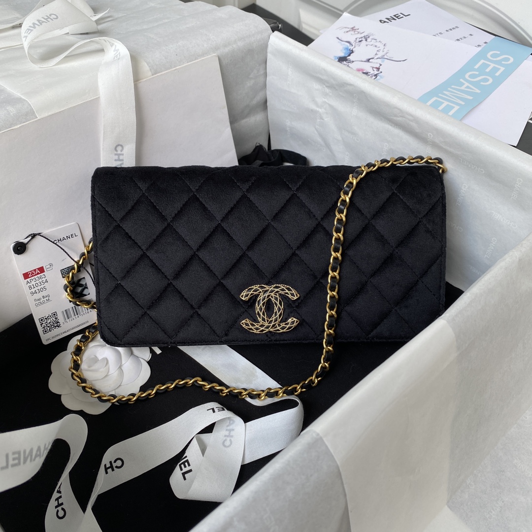 TOP CHANEL Classic Velvet  Sheepskin & Flannelette CF Small Size 11.5x23x4cm - Black & SHW