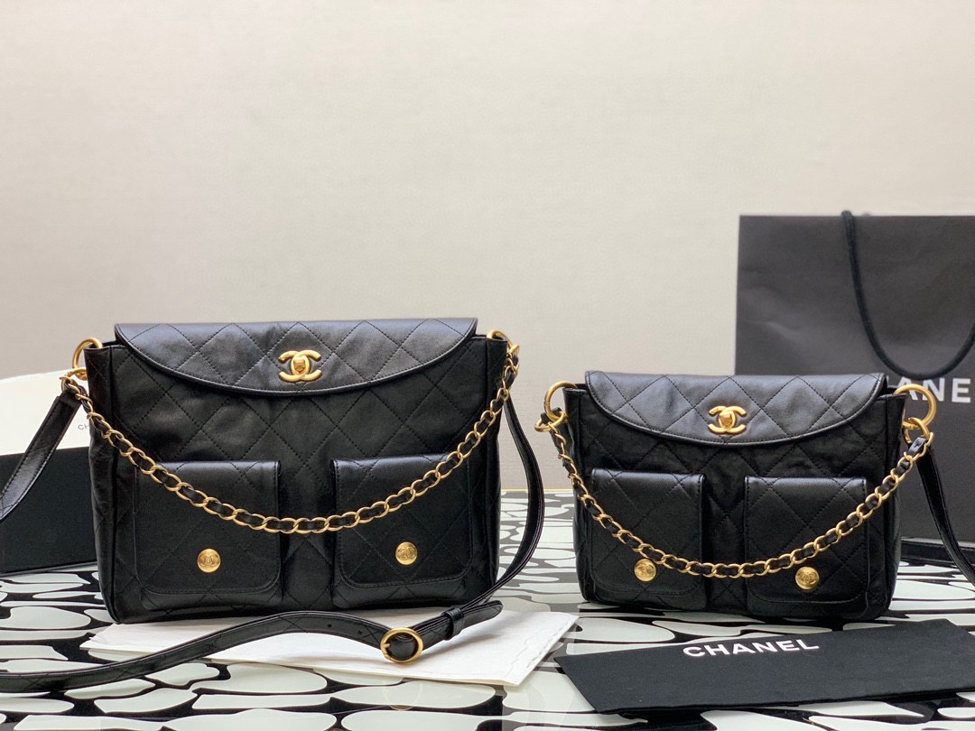 TOP CHANEL Calfskin 24p Axillary Hoho Bags 19*24*5*cm/21*30*5*cm - Black&GHW