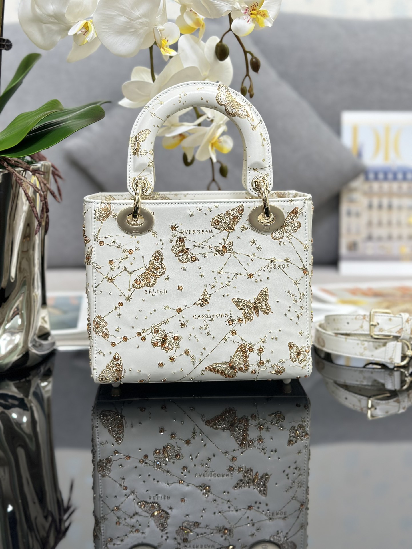 TOP Christian Dior Sun Studded Lady Dior Bags 20x16.5x8cm - White&GHW