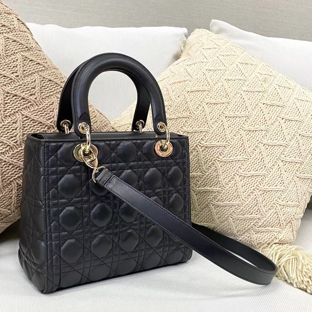 TOP Christian Dior Lady Christian Dior Bag Lambskin Medium - Black - 24CM