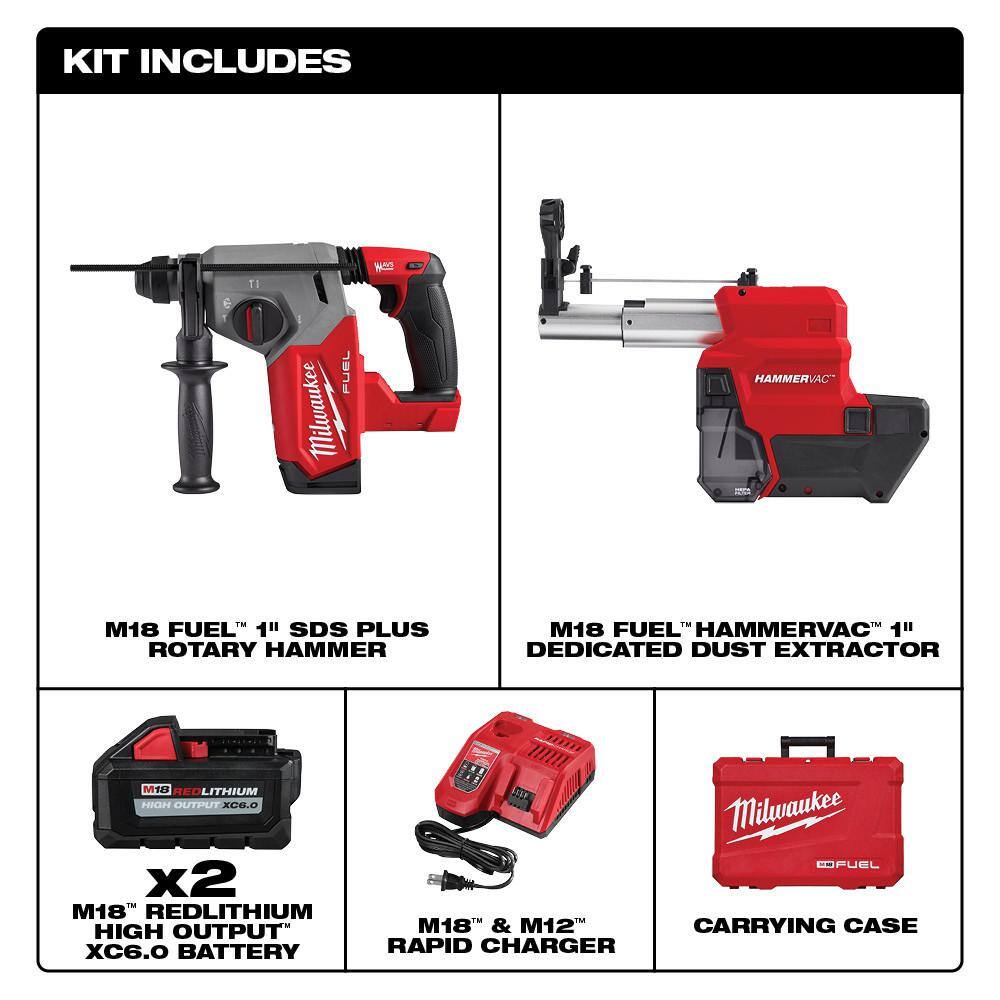 M18 FUEL 18V Lithium-Ion Brushless 1 in. Cordless SDS-Plus Rotary Hammer/Dust Extractor Kit, Two 6.0 Ah Batteries
