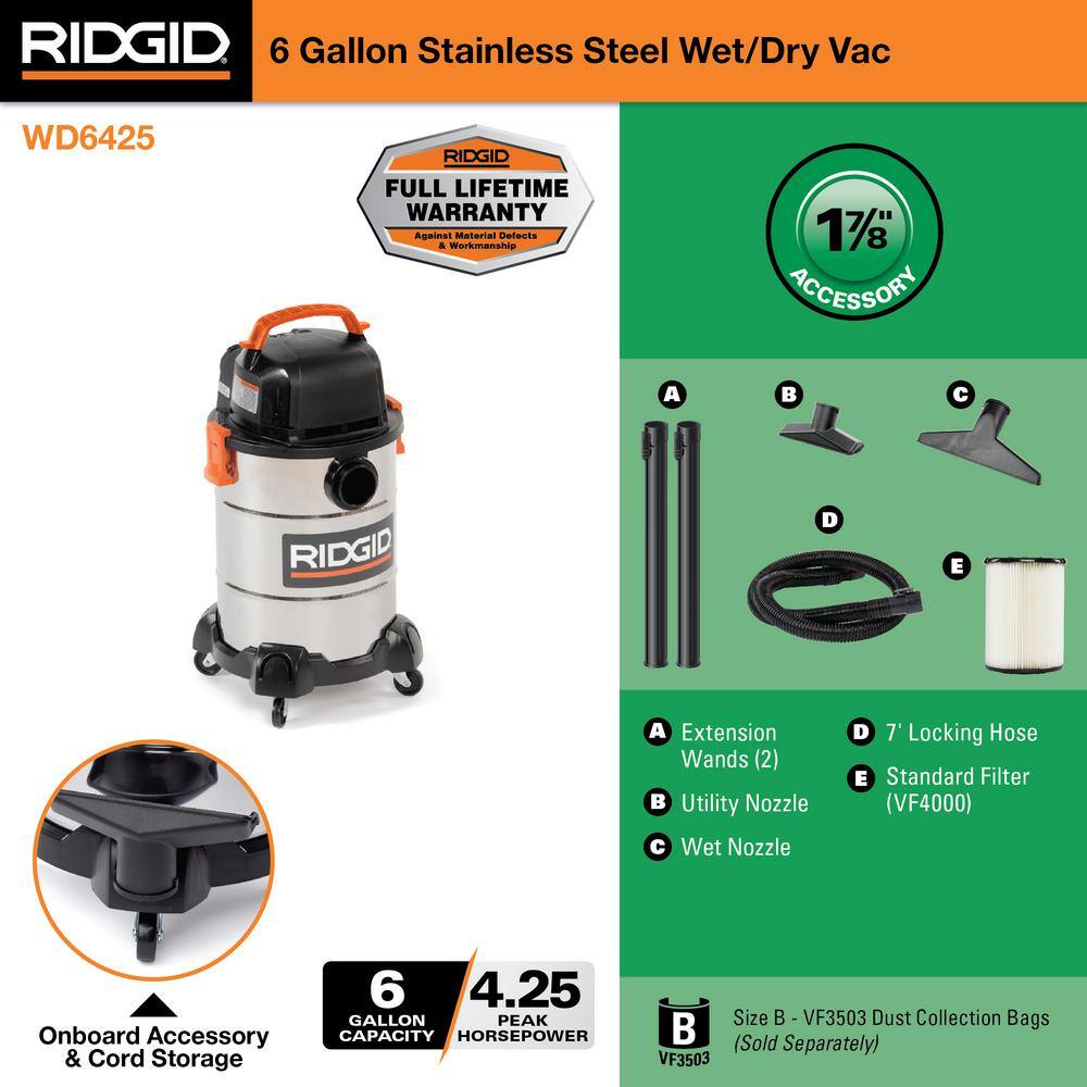 6 Gallon 4.25 Peak HP Stainless Steel Shop Vac Wet Dry Vacuum with Filter, Locking Hose and Accessory Attachments