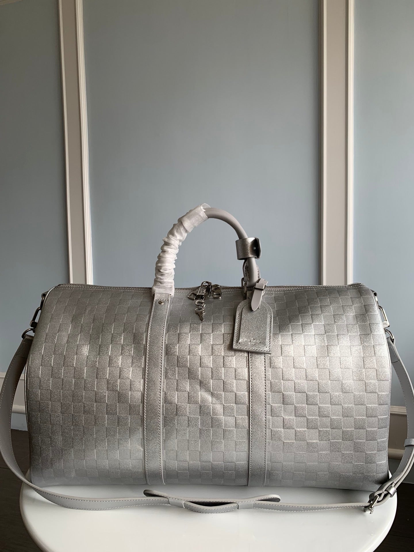 TOP Louis Vuitton LV  Virgil Abloh Keepall Bandouliere 50 Glitter Damier - Silver
