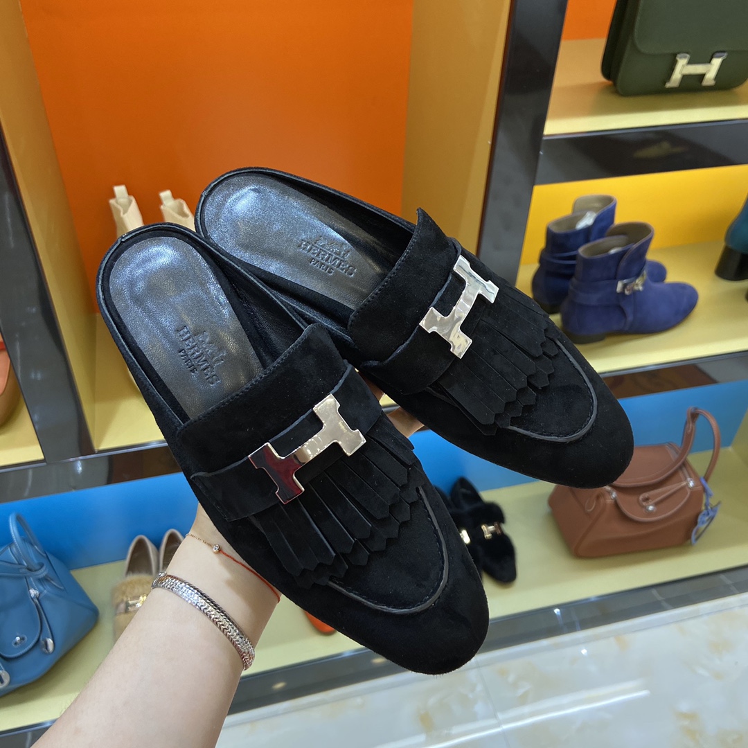 TOP HERMES Rivoli Mules - Black & SHW/GHW