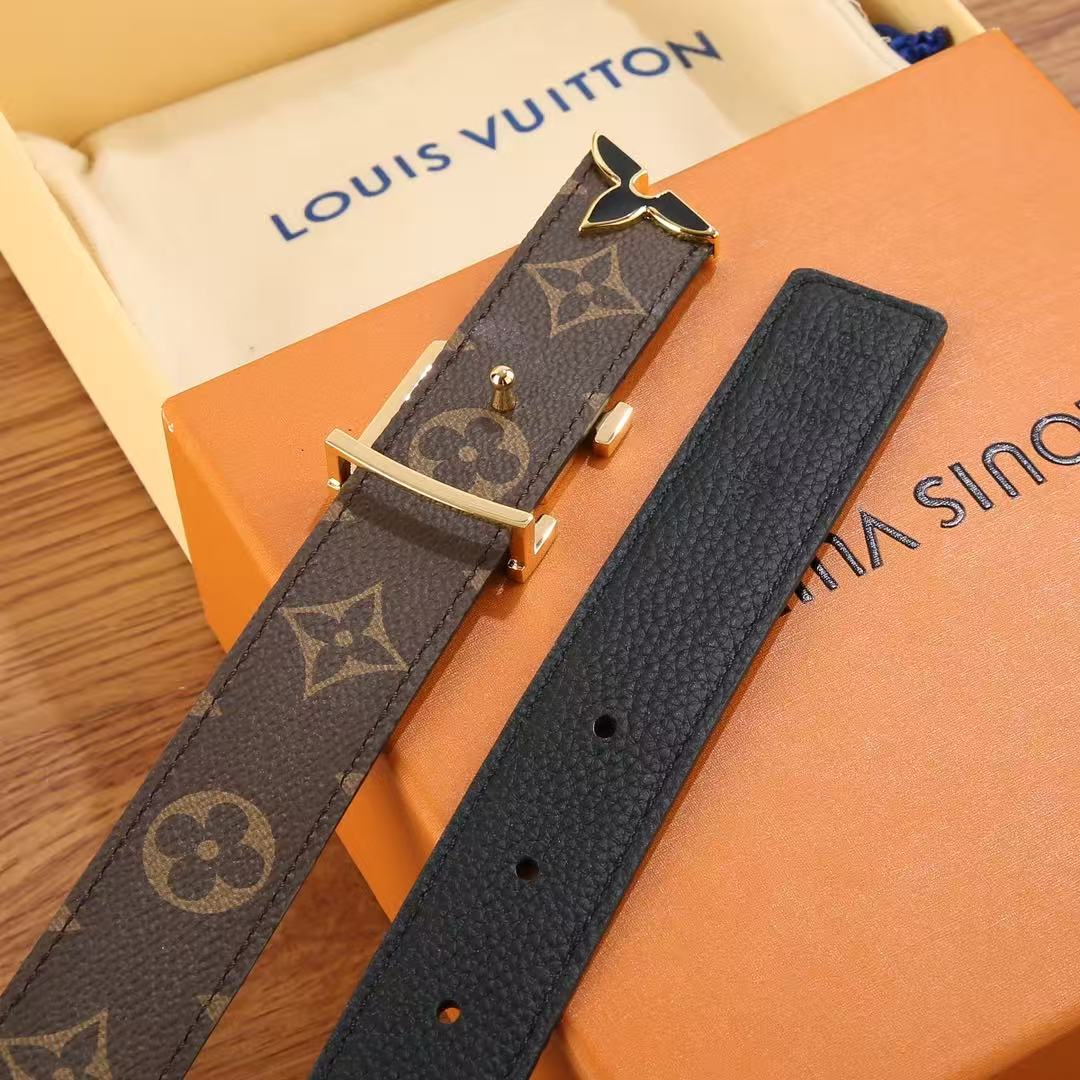 Louis Vuitton Women's Reversible Leather Belt, LV Logo Buckle Classic Monogram Ladies Waist Belt for Daily & Formal Wear