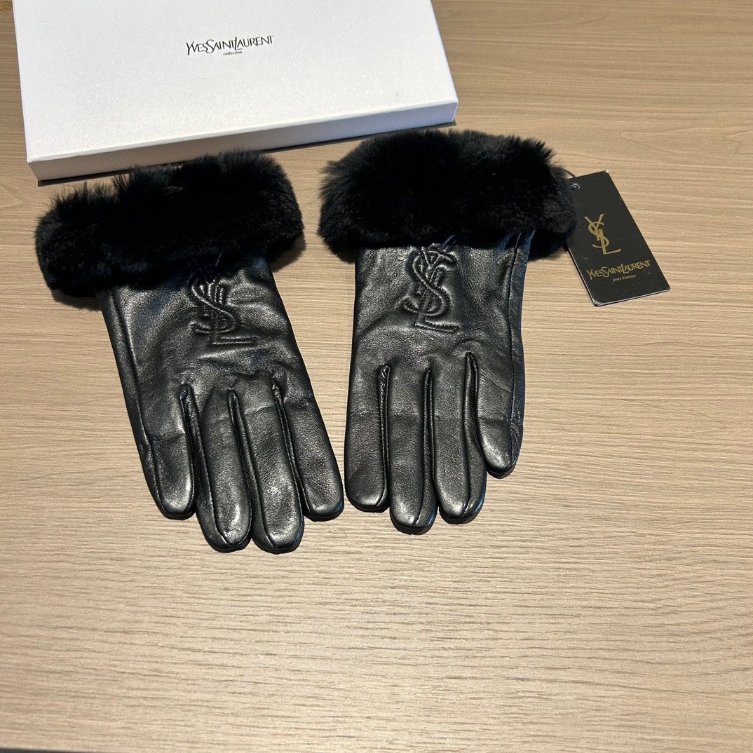 TOP Yves Saint Laurent YSL Gloves with Fur - Black