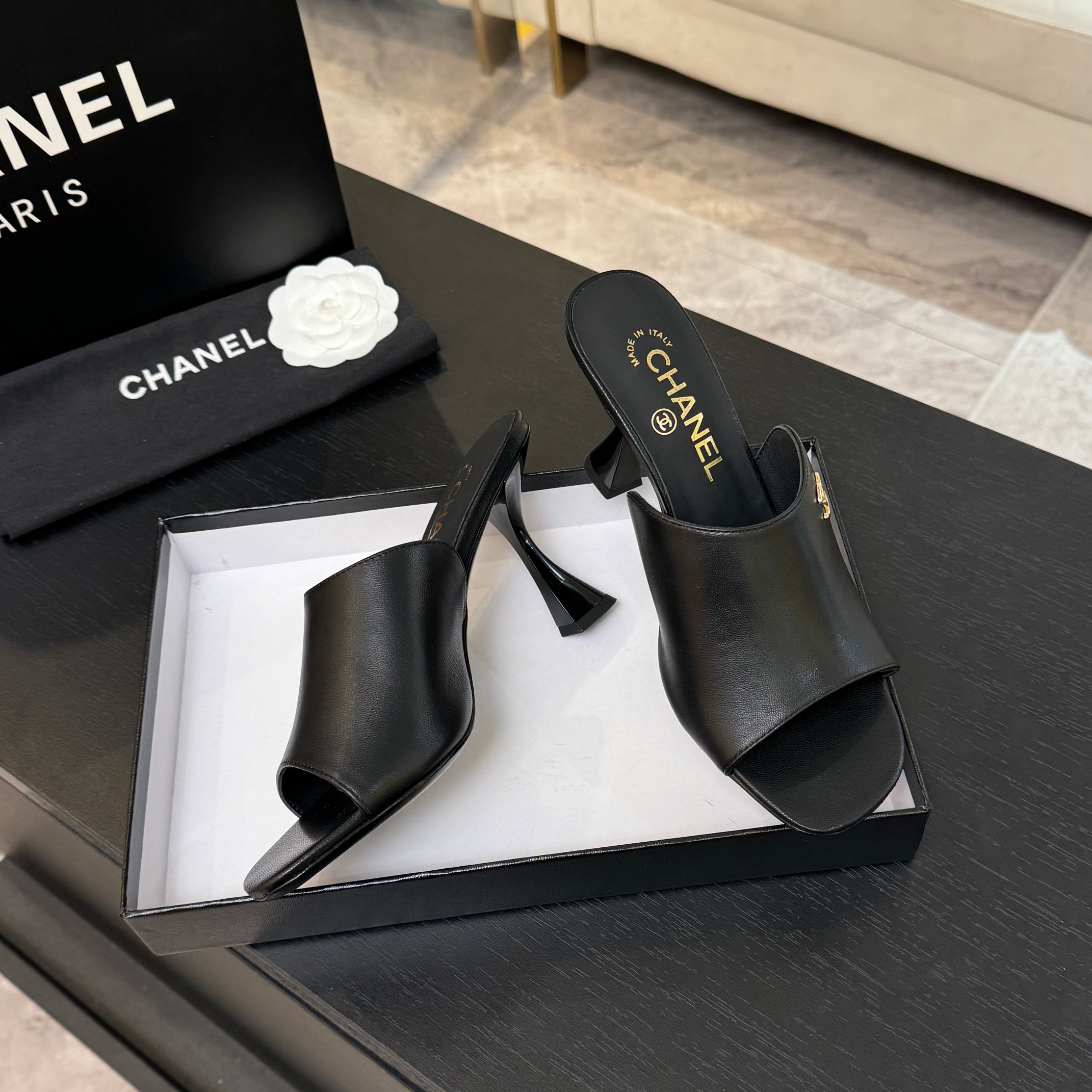 TOP CHANEL Calfskin High Heel Sliders - Black