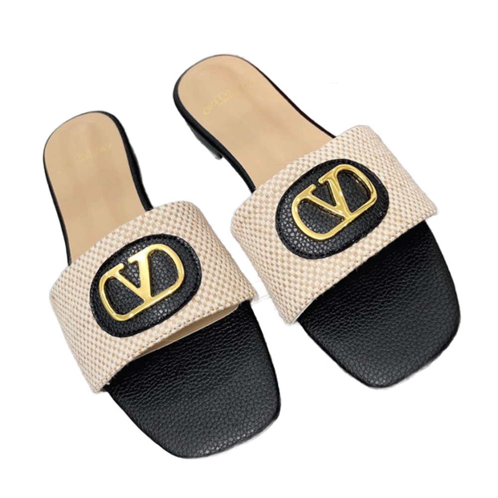 Valentino embellished textured-leather and canvas slides （Replica）
