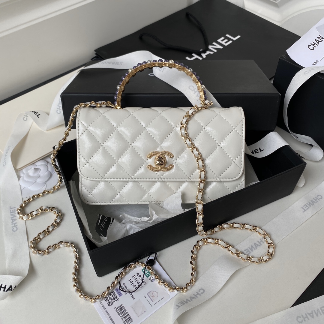TOP CHANEL Oil Wax Leather Pearl Handle Hag 19cm - 5 Colors - GHW