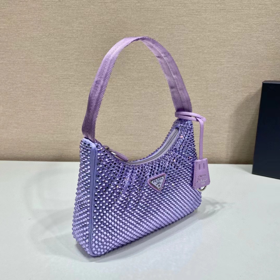 TOP PRADA Satin Crystal Mini Re-Edition 2000 Bag 23×13cm - Purple