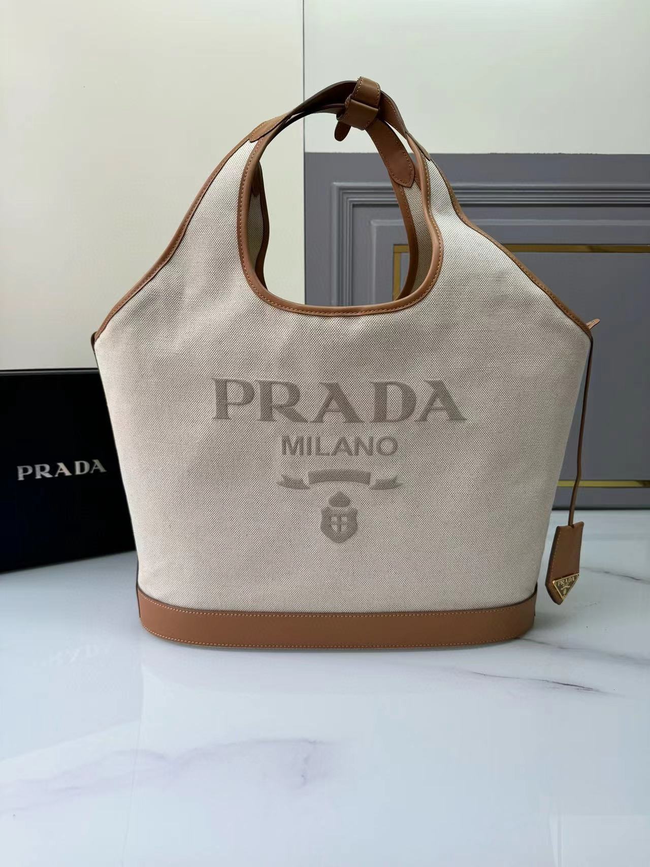 TOP PRADA Large Linen Blend And Leather Tote Bag 37×30×13cm - Beige