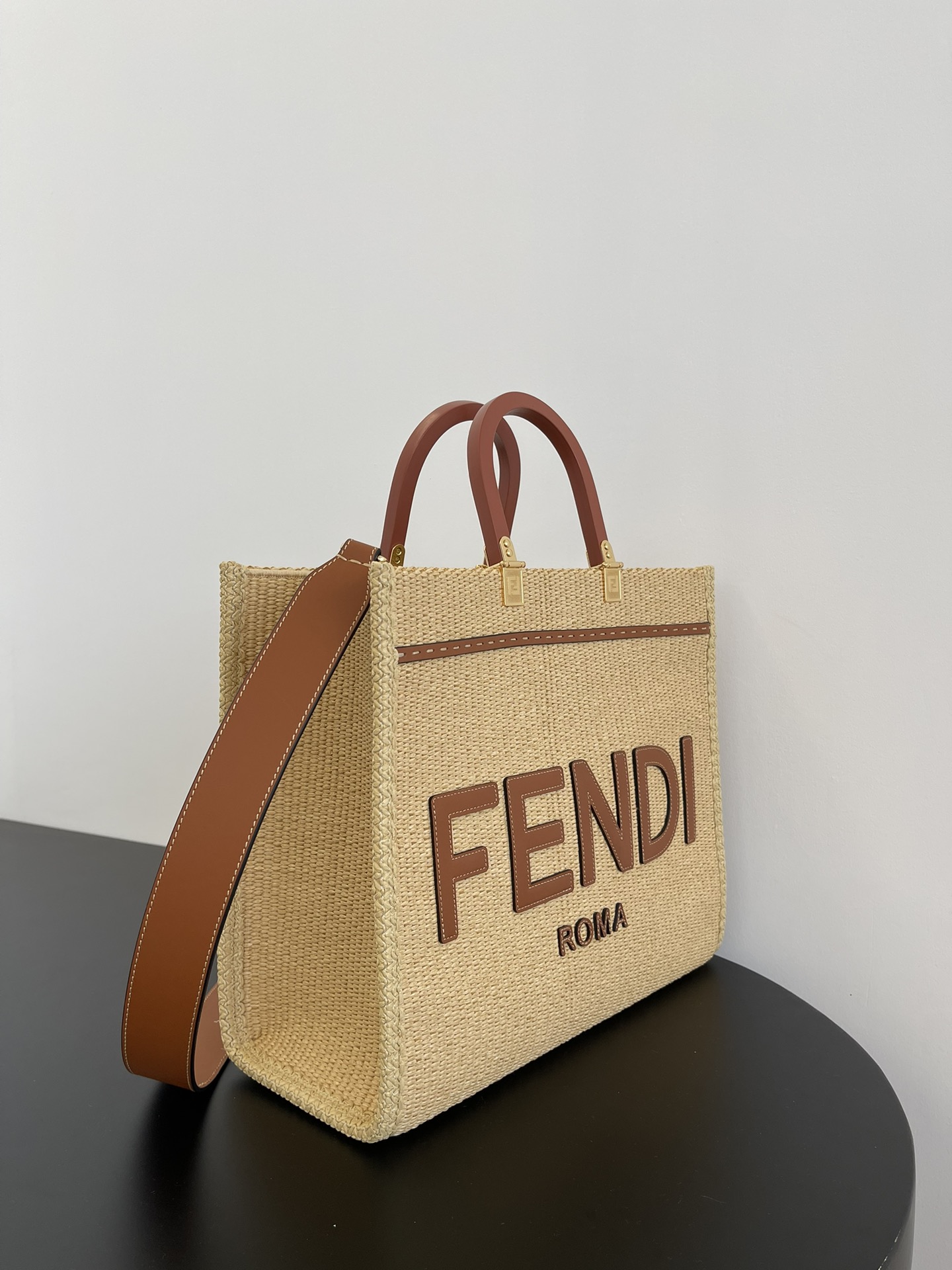 TOP FENDI Braid Sunshine Tote Bags 31x17x35cm - Caramel