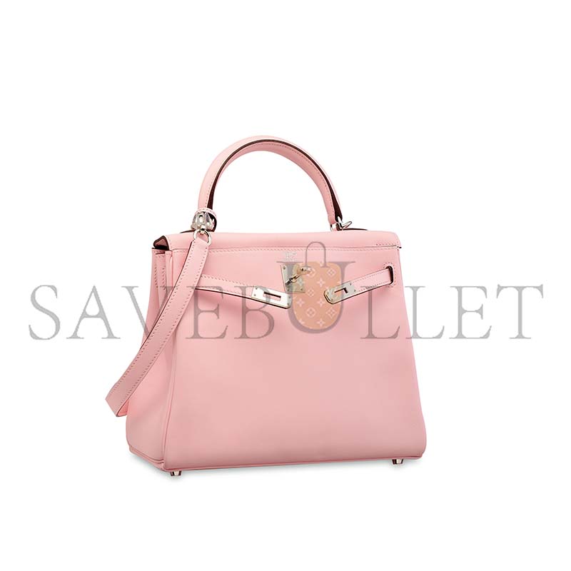 HERMÈS A ROSE SAKURA SWIFT LEATHER RETOURNÉ KELLY 25 WITH PALLADIUM HARDWARE (25*17*7cm)