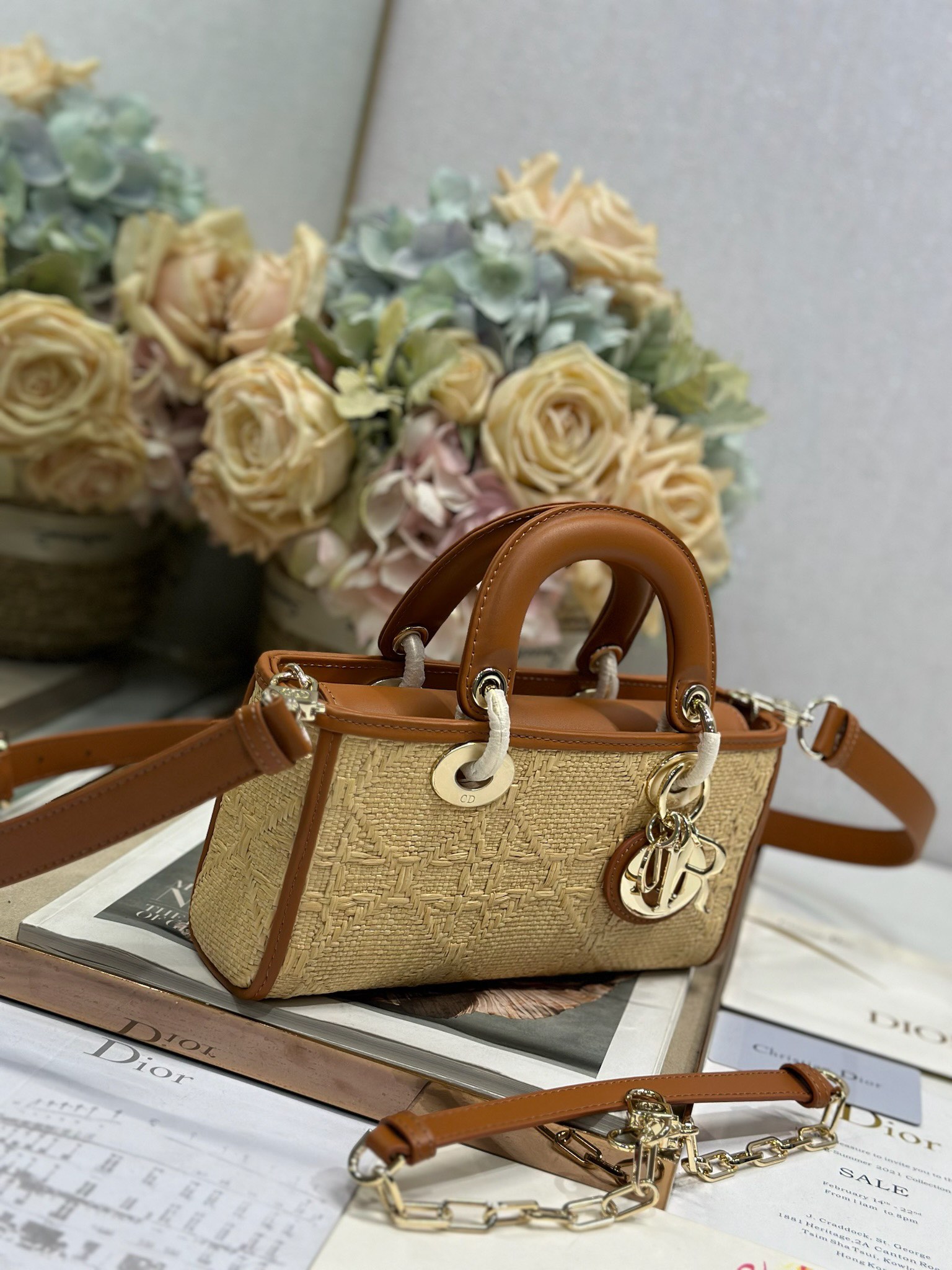TOP Christian Dior Lady D-Joy Bag Weaving 22.5×5.5×12cm - Beige