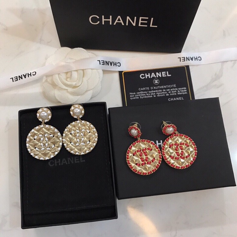 TOP CHANEL Double C Metal Leather Round Stud Earrings - 3 Colors