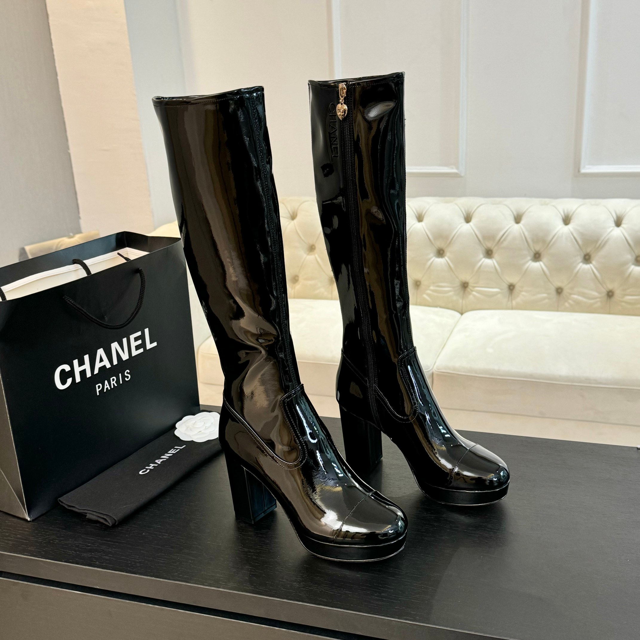 TOP CHANEL 8cm High Heel Shiny Leather Stretch Boots - 2 Color