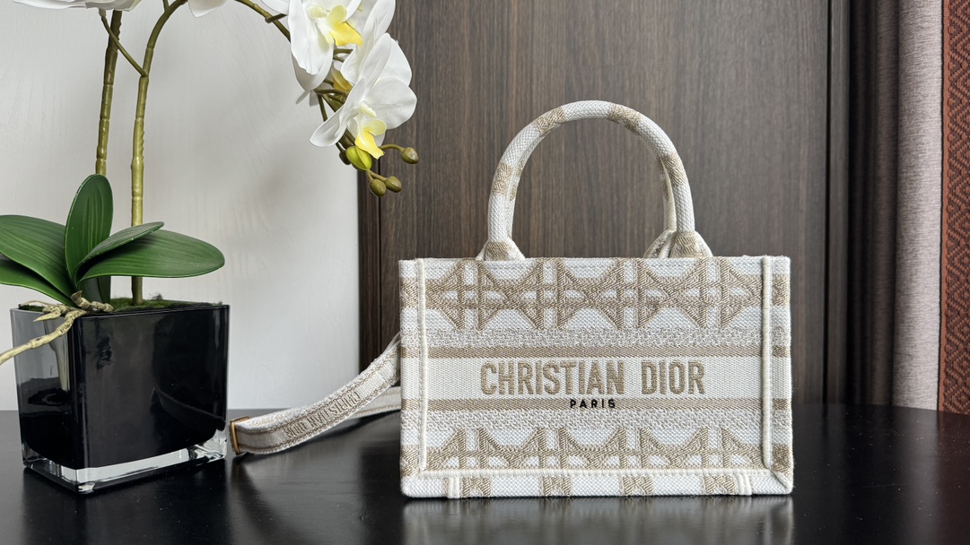 TOP Christian Dior Book Tote Bag Mini 21.5x13x7.5cm with Gold Rhombus Pattern