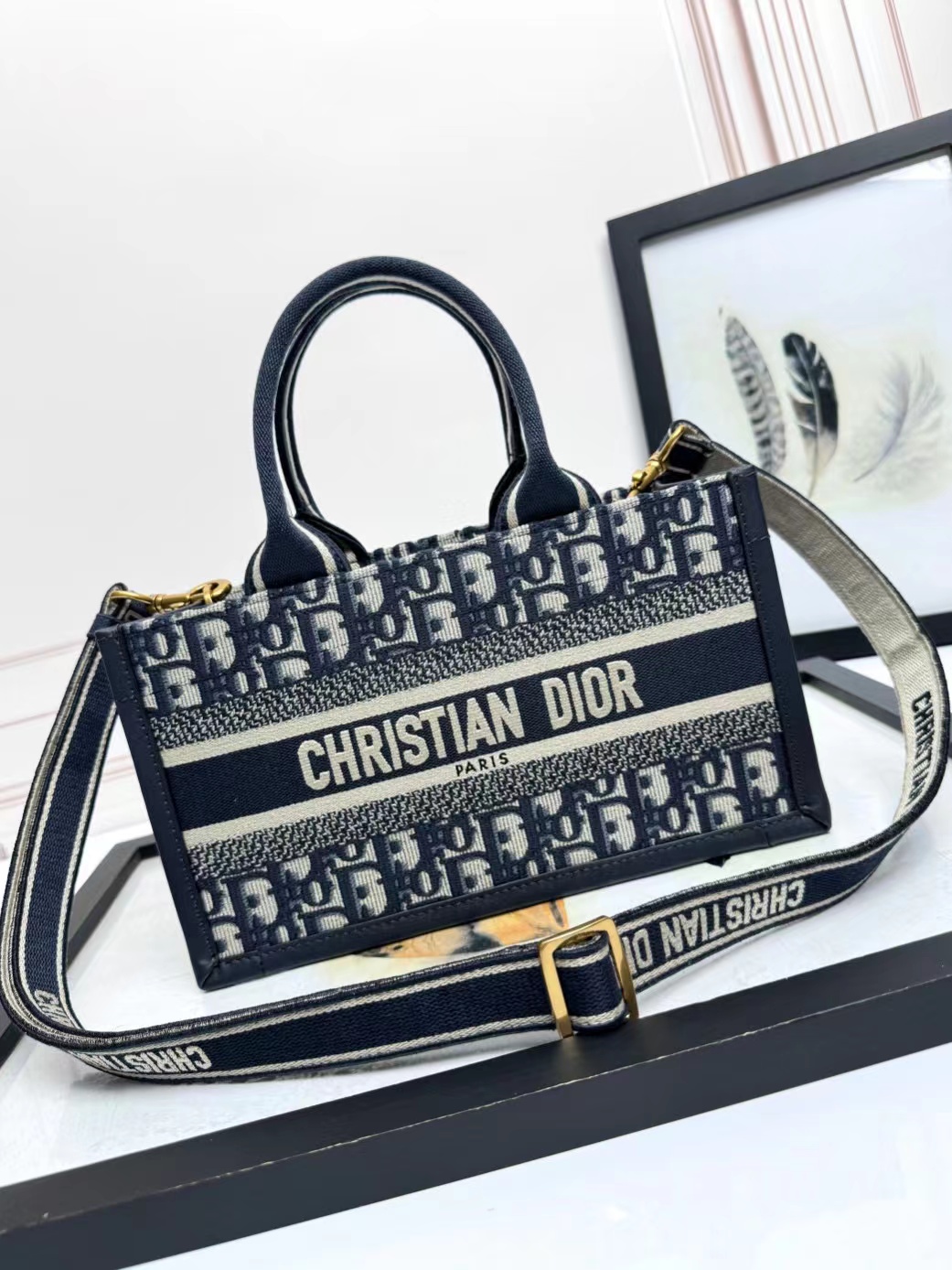 TOP Christian Dior Book Tote Bag  27x14×11cm with Blue Print Embroidery