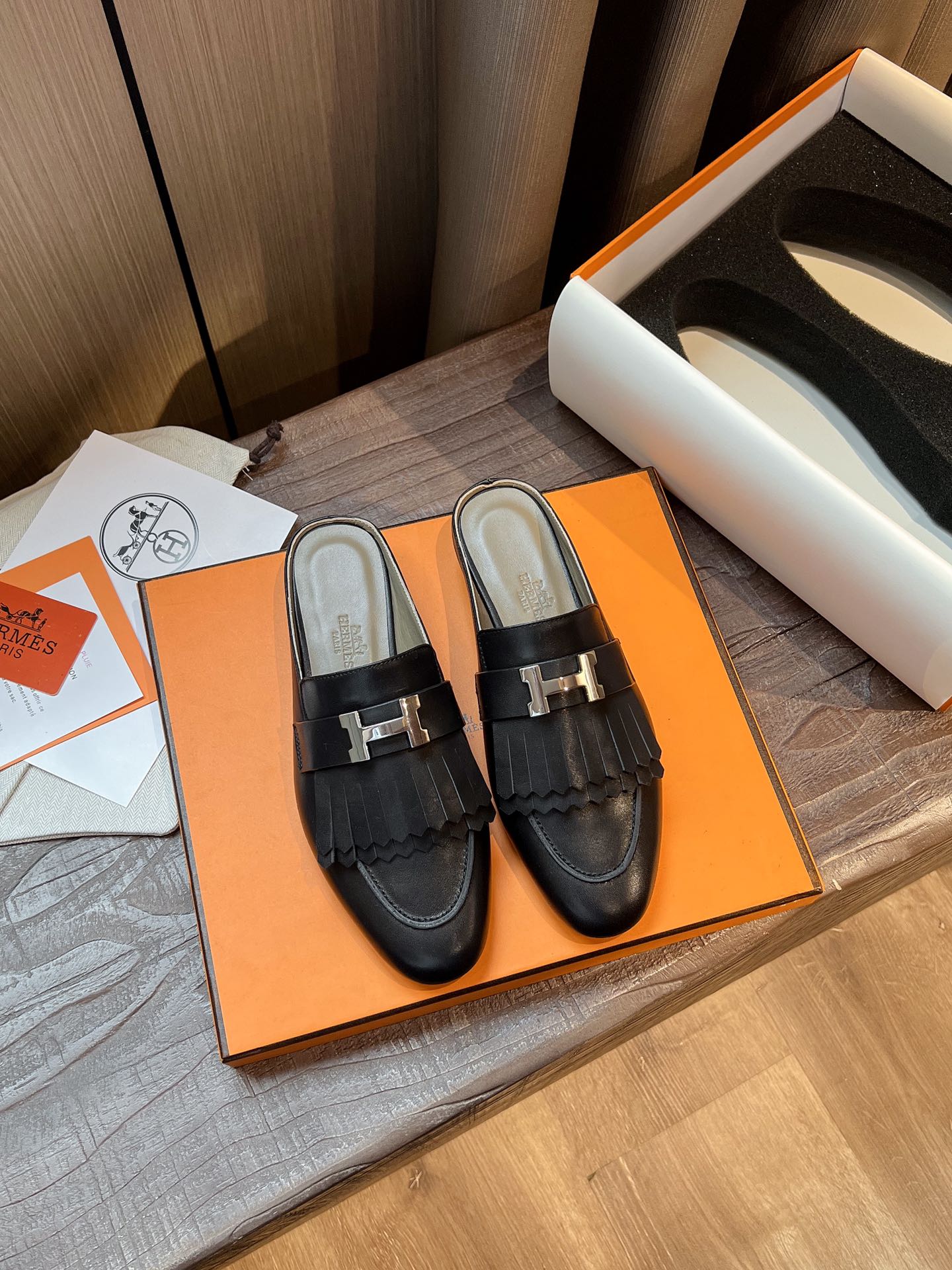 TOP HERMES Rivoli Mules - Black & SHW