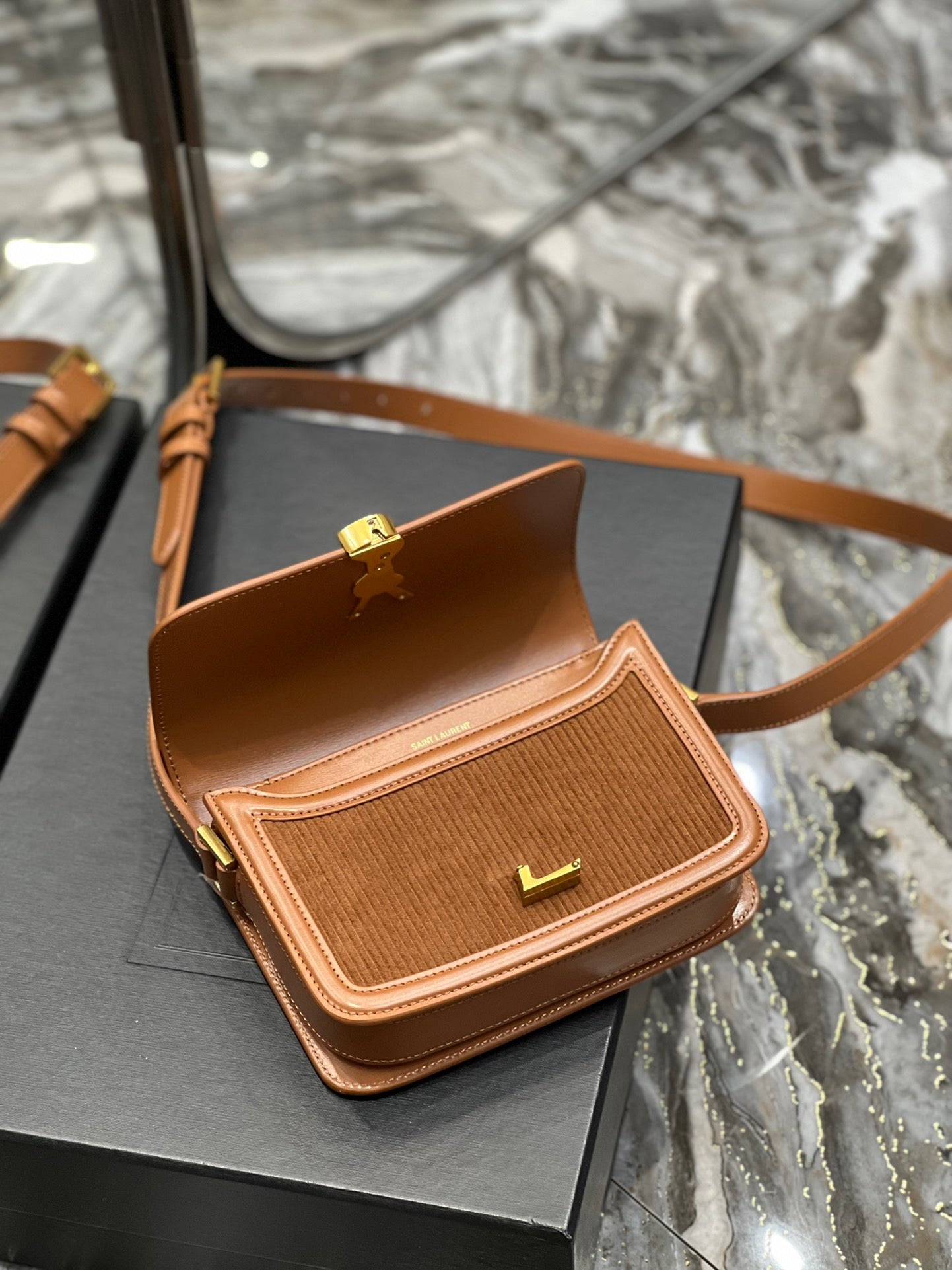 TOP Yves Saint Laurent YSL Solferino Corduroy Small Bag - Brown