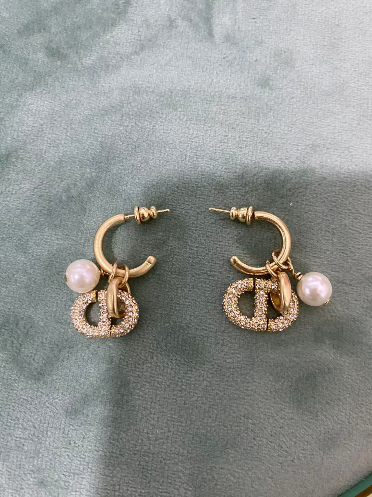 TOP Christian Dior Single Pearl w Stones Logo Dangle Loop Gold Earrings