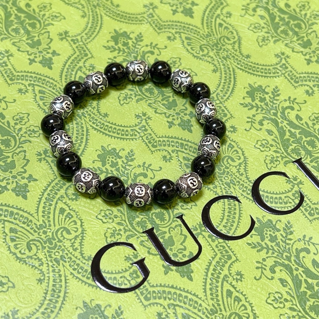 TOP GUCCI Black Agate Beaded Bracelet - Black&Silver