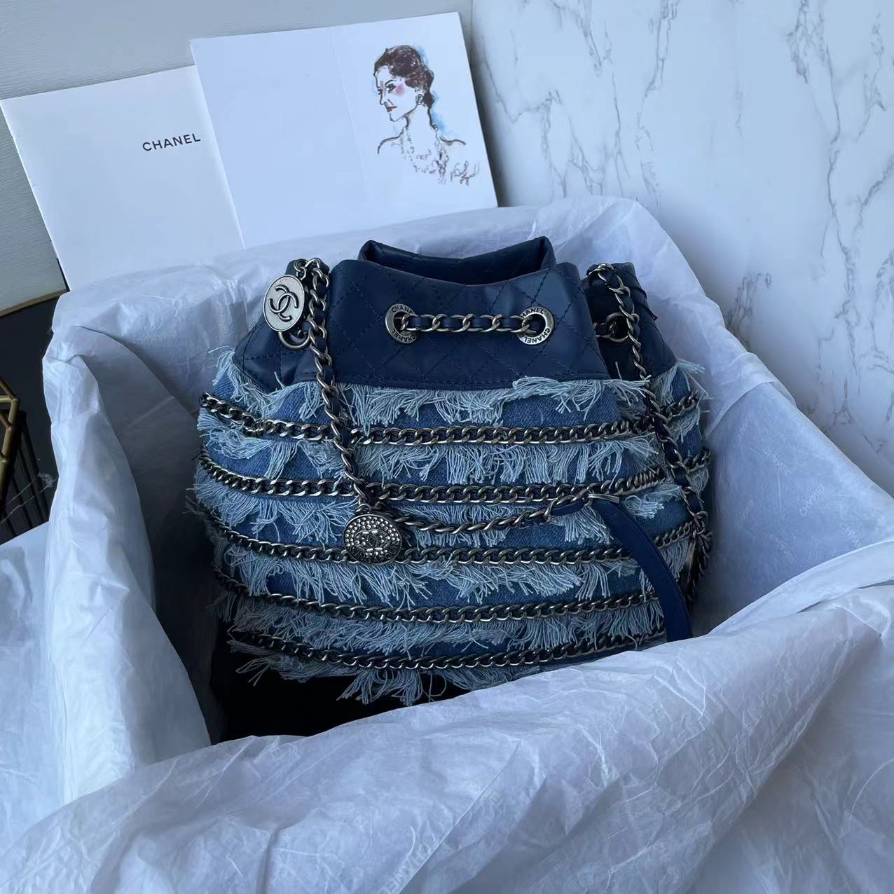 TOP CHANEL Denim CC Fringe Drawstring Bucket Bag 20cm - Blue& SHW