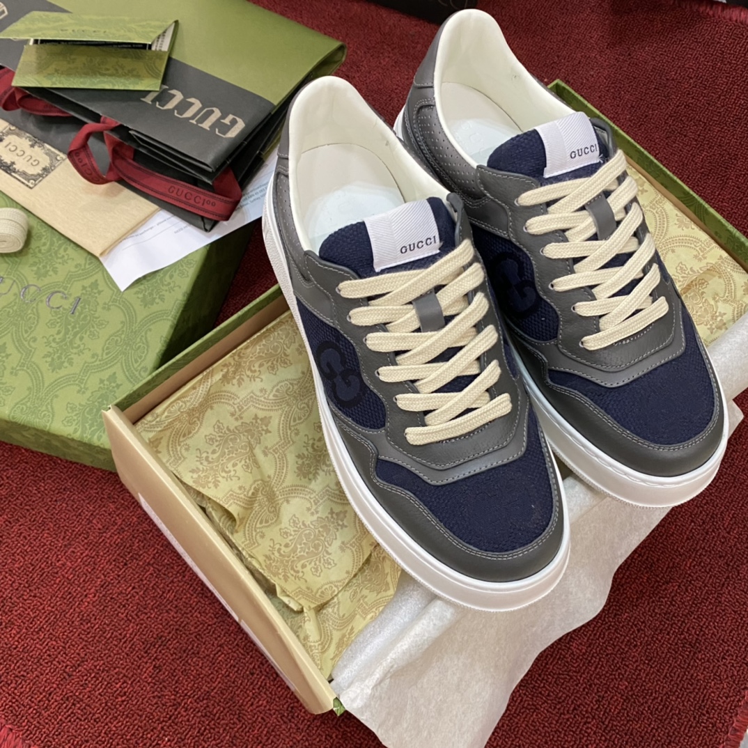 TOP GUCCI Color Block Double G Embossed Leather Rubber Platform Sneakers - Gray & Blue