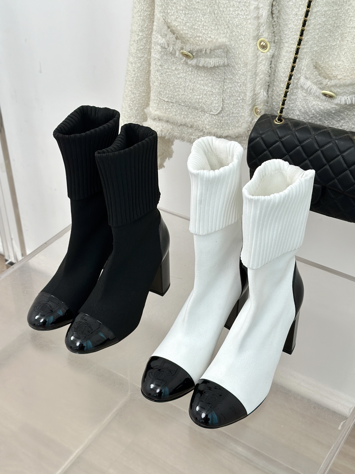 TOP CHANEL High Heel Sock Boots - Black & White